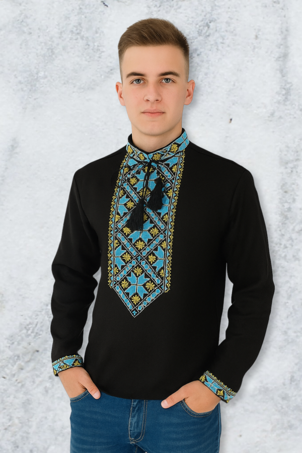 Men's "Alatyr" black cotton Vyshyvanka with blue and yellow embroidery