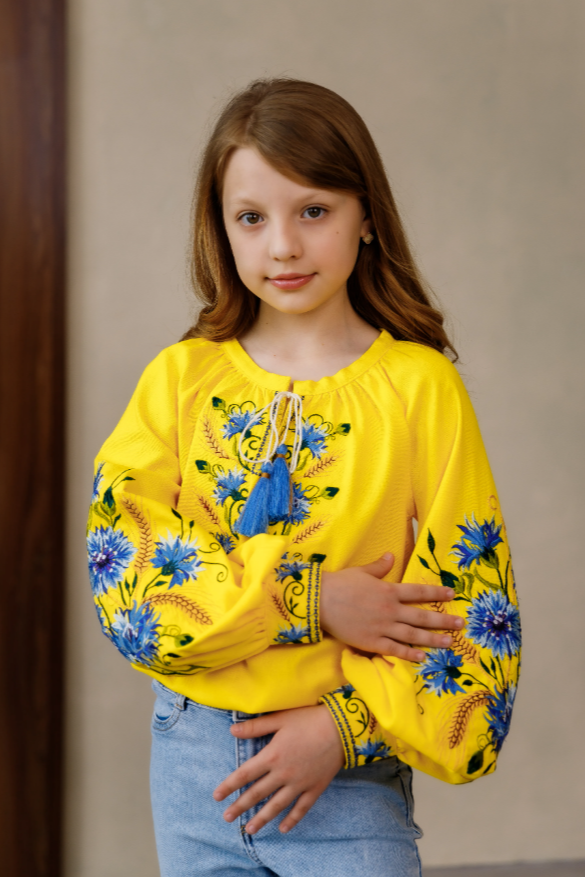 Girl's "Cornflower" yellow blouse with blue embroidery