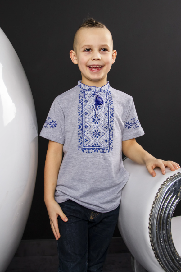 Boy's "Zoryan" short sleeve grey shirt with blue embroidery