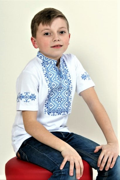 Boy's "Zoryan" short sleeve white shirt with blue embroidery