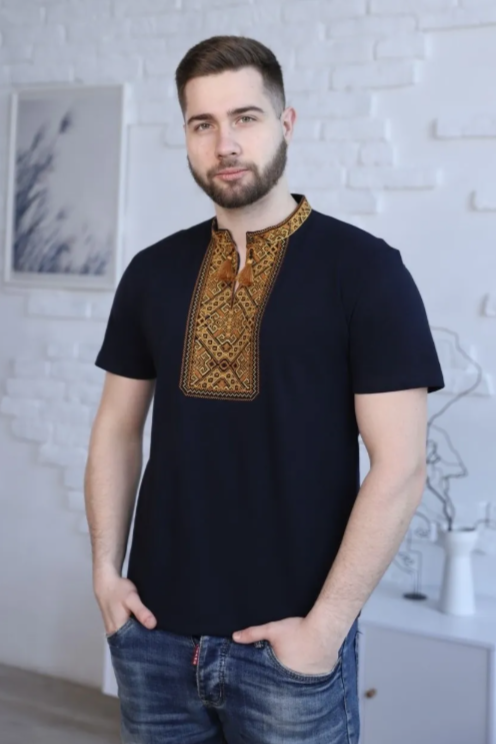 Men's short sleeve black shirt with gold embroidery "Ridna"