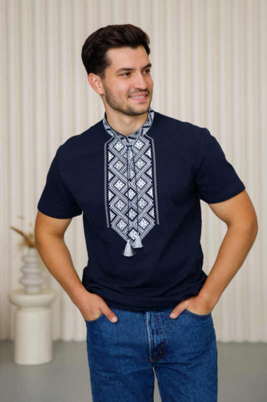 Men's short sleeve navy shirt with silver embroidery "Heritage"