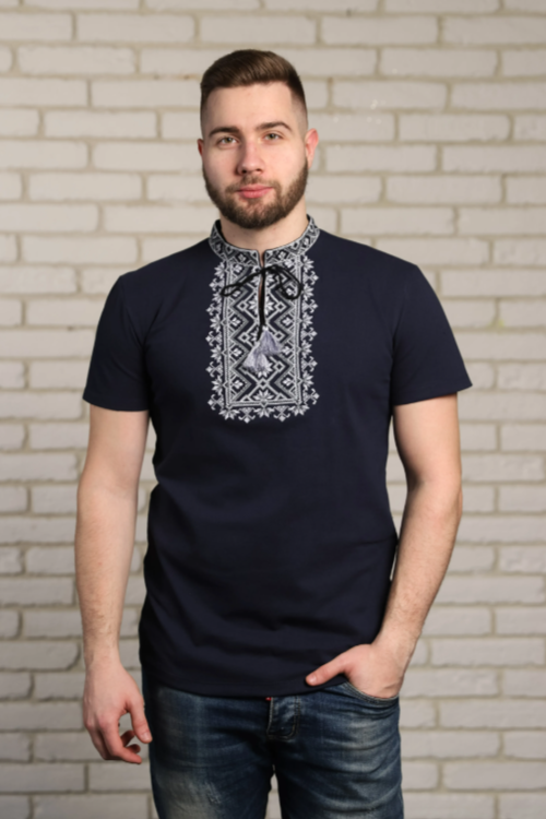 Men's "Zoryan" short sleeve black shirt with grey embroidery