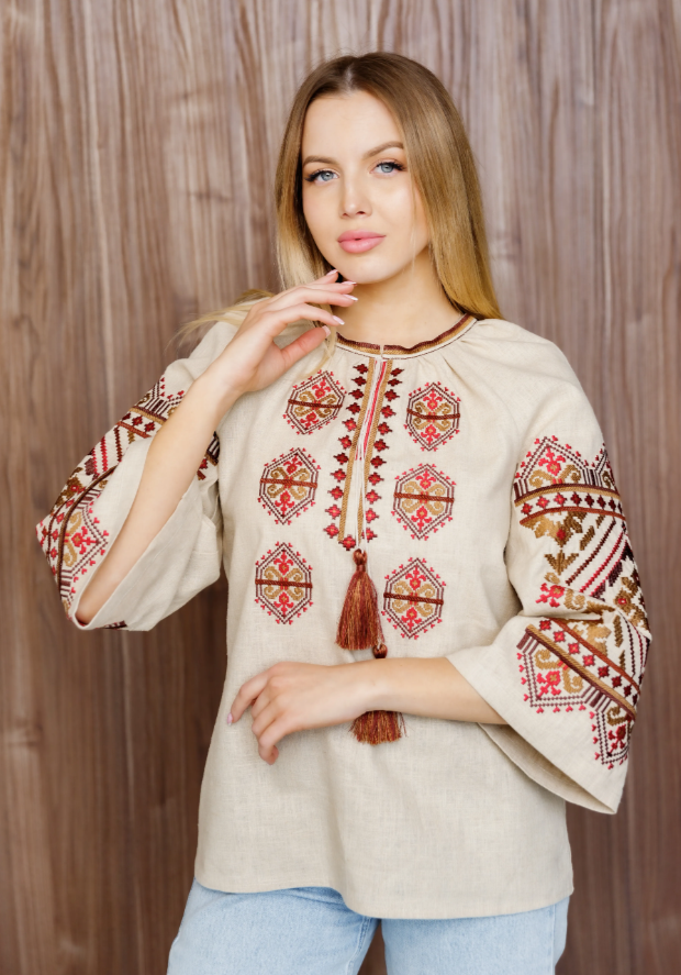 Ukrainian women's embroidered Eco blouse "Slava" Red