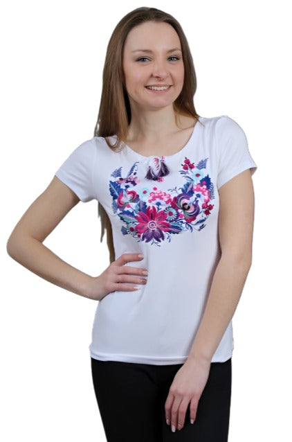 Women's "Purple Petrykivka" short sleeve white shirt with floral embroidery