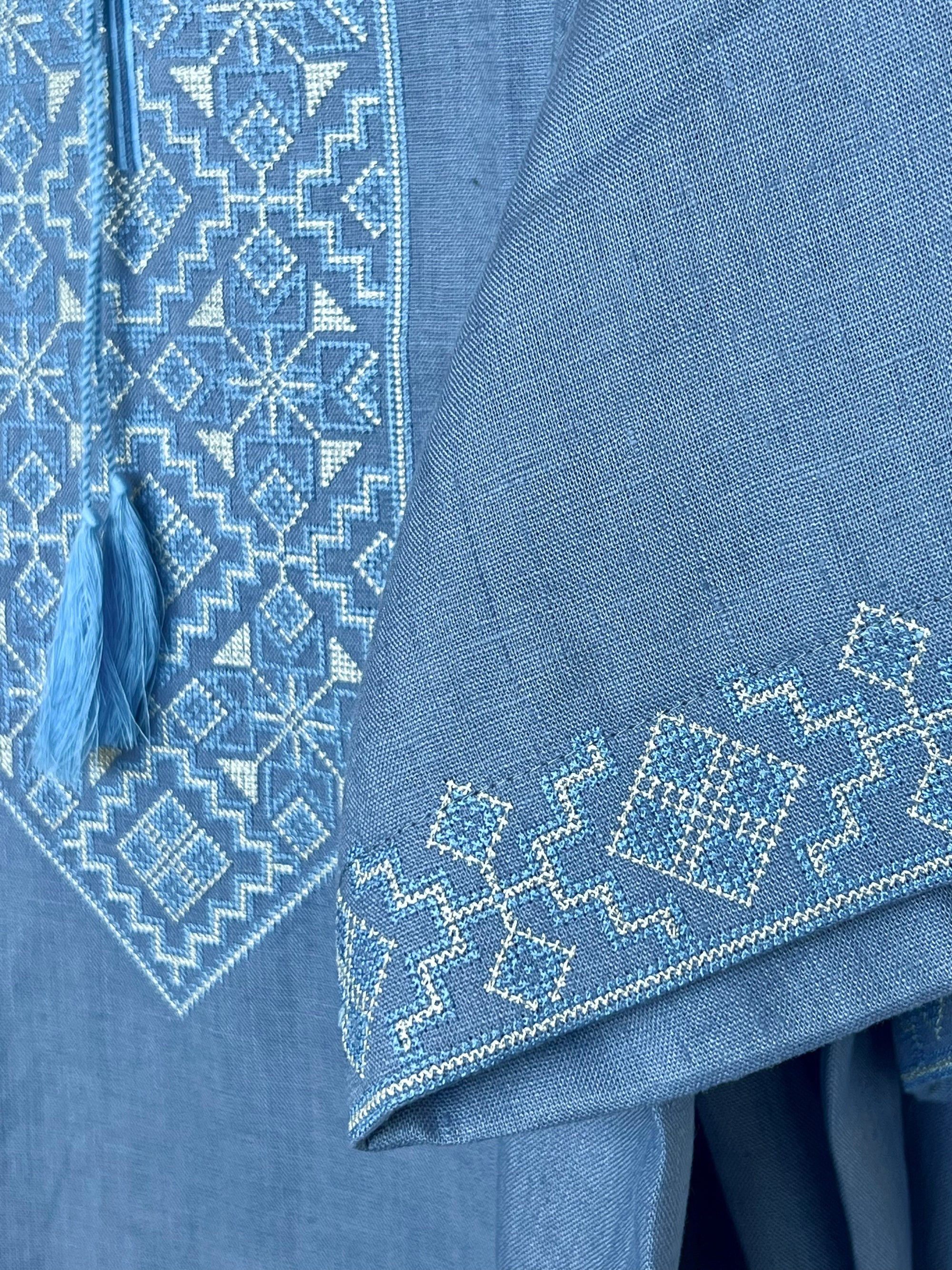 Men's short sleeve blue Vyshyvanka with beige embroidery