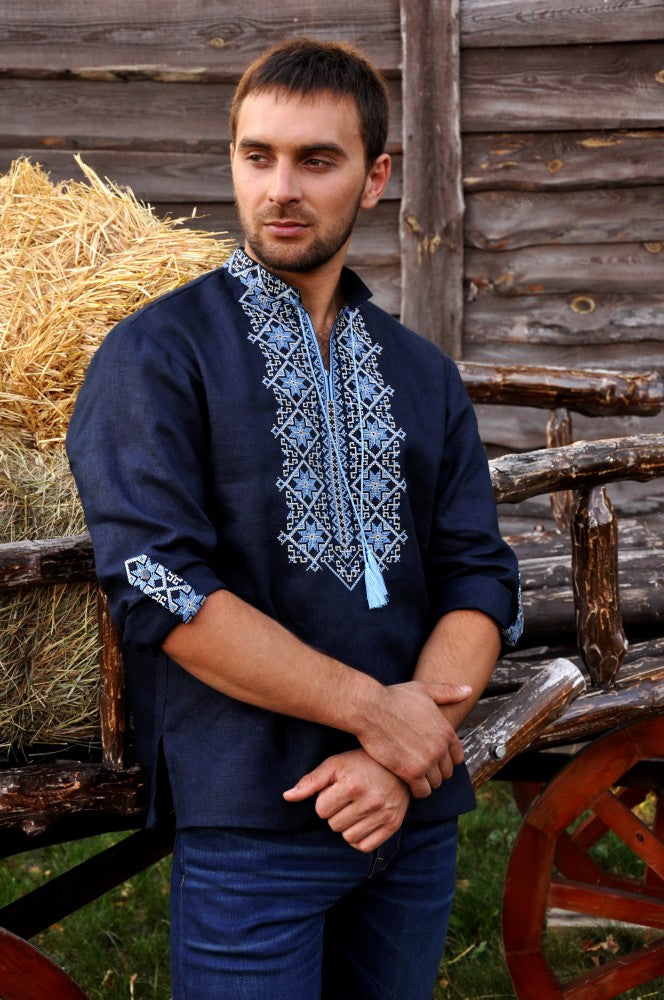 Men's Vyshyvanka "Sumy". Navy shirt with blue embroidery