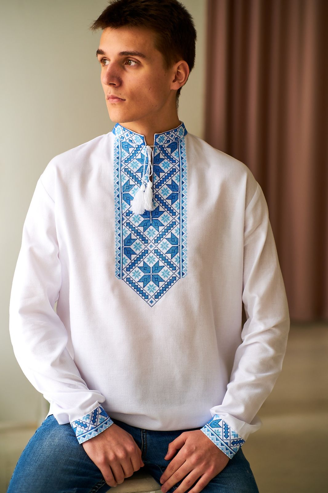 Men's cotton white Vyshyvanka with blue embroidery "Alatyr"