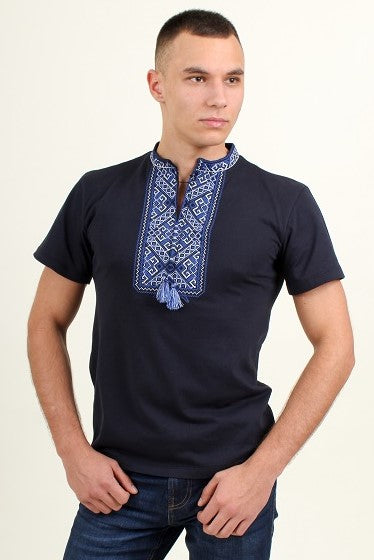 Men's "Ridna" short sleeve black shirt with blue embroidery