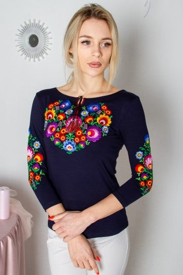 Women's "Kvity" 3/4 sleeve navy shirt with real embroidery