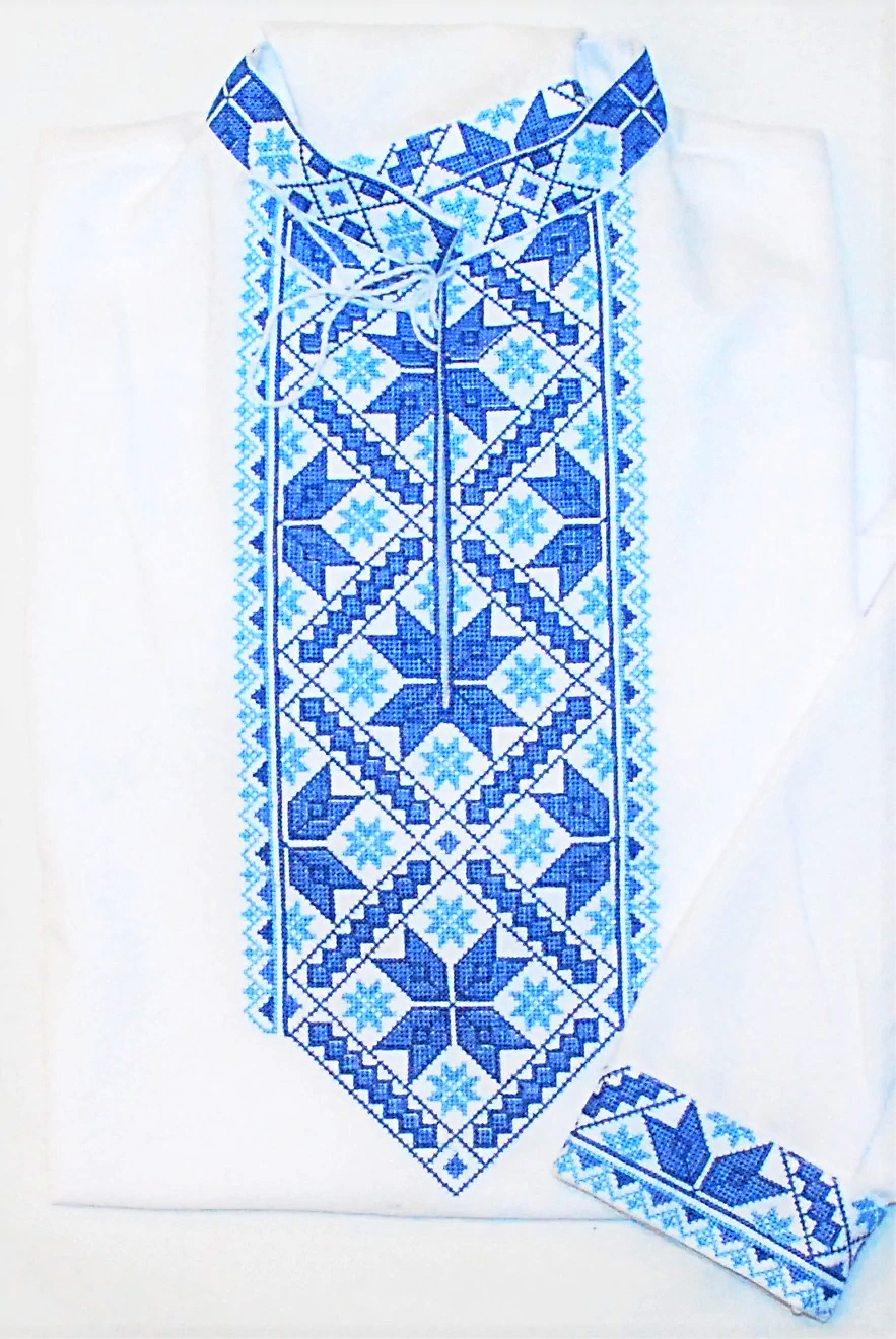 Men's cotton white Vyshyvanka with blue embroidery "Alatyr"